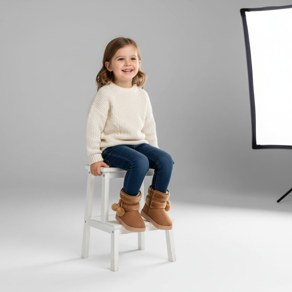 Vinterkängor barn i beige – fodrade med plyschfoder och dragsko – Kivela